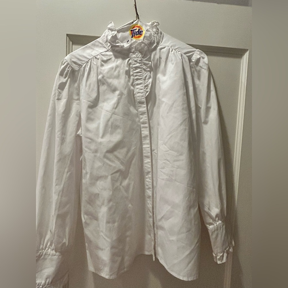 Mazik White Button down cotton poplin shirt long sleeves, ruffle collar
